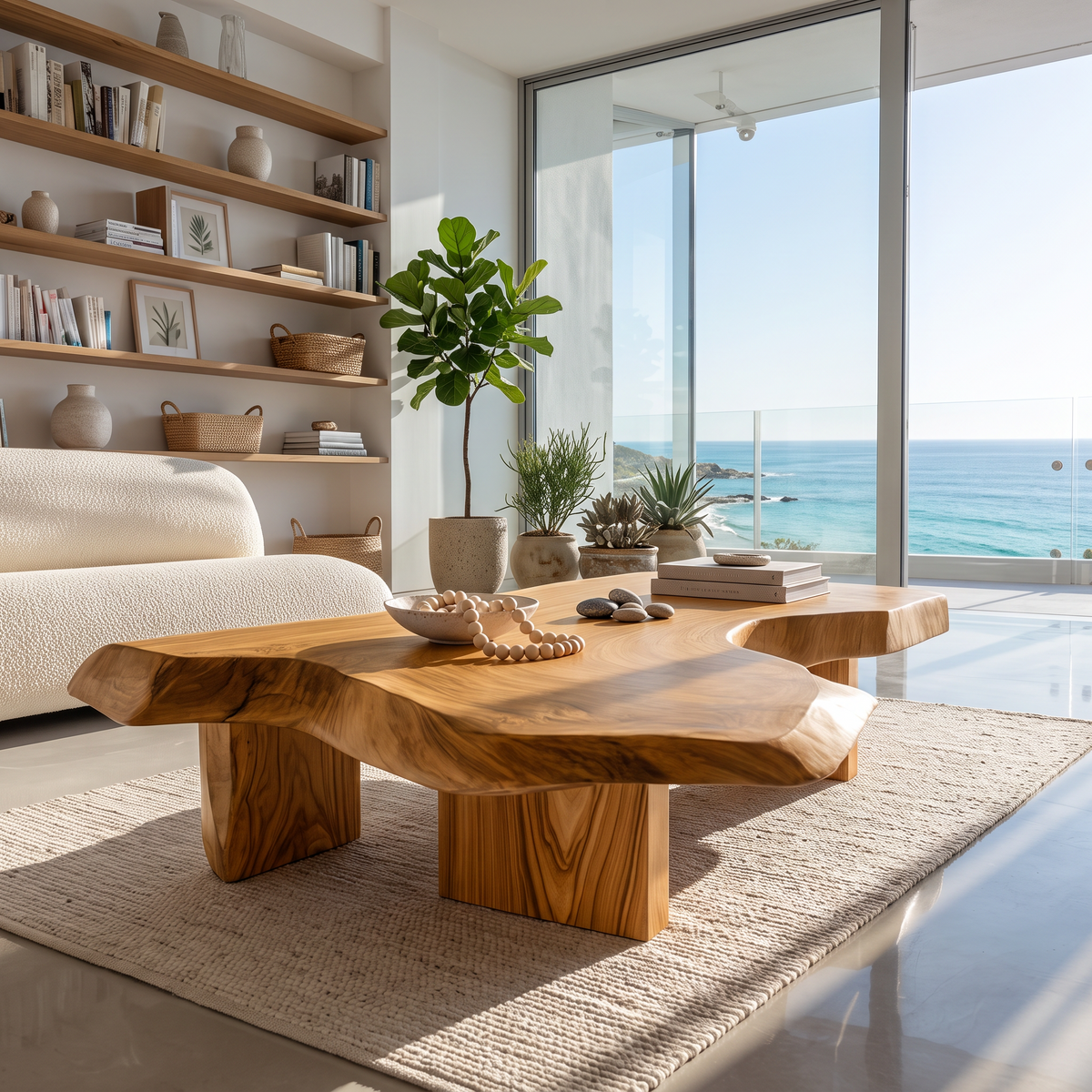 Table basse moderne en bois massif avec plateau sculptural pour salon SINLHACF421 SINLHACF421