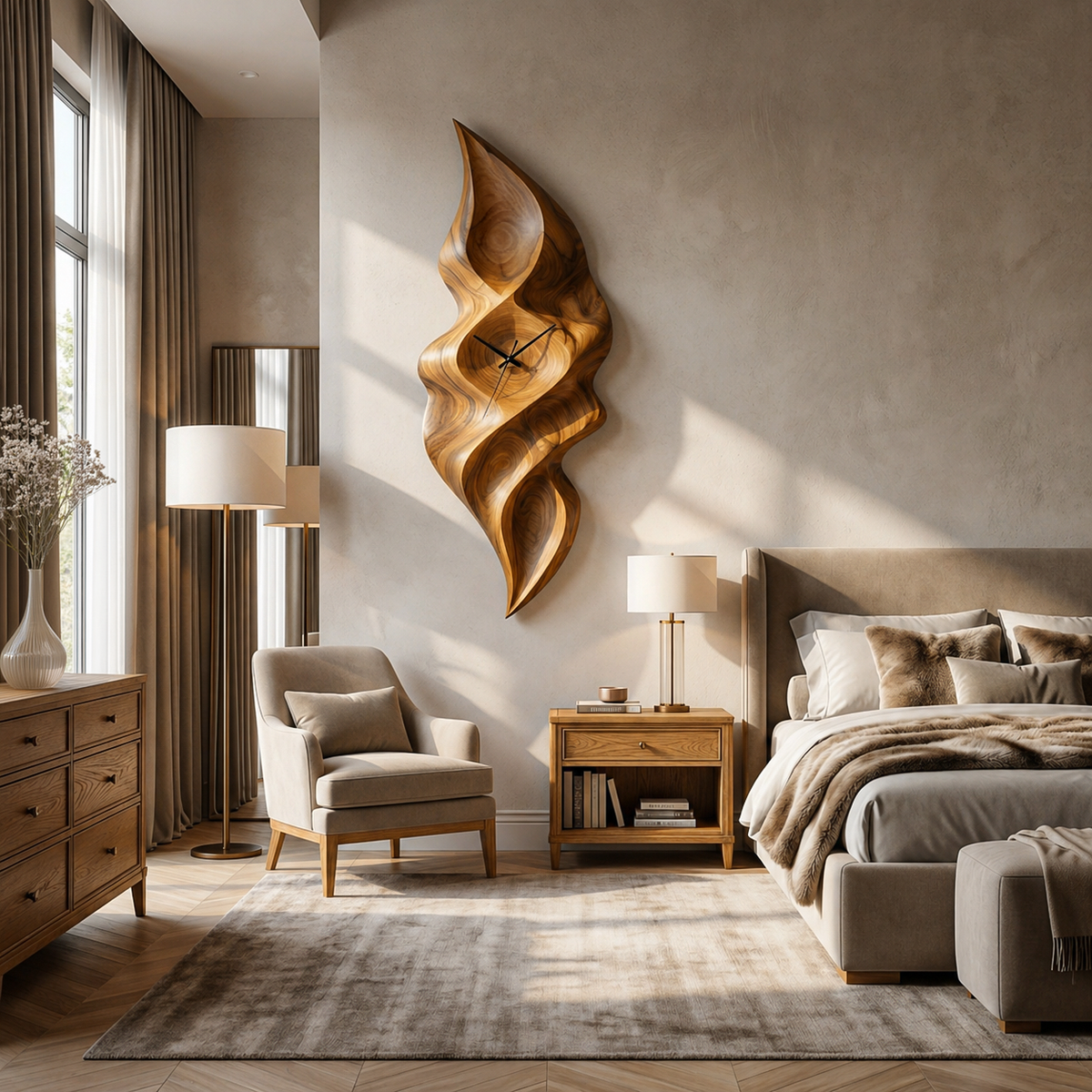 Horloge murale contemporaine en bois avec sculpture en forme de vague pour chambre minimaliste RTTHTTWAC013