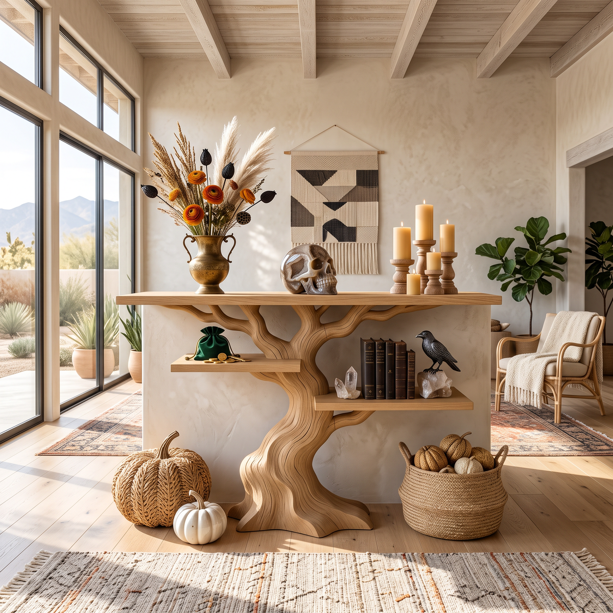 Table console organique en forme d'arbre torsadé pour décoration d'Halloween sorcière SILDTTNCS158