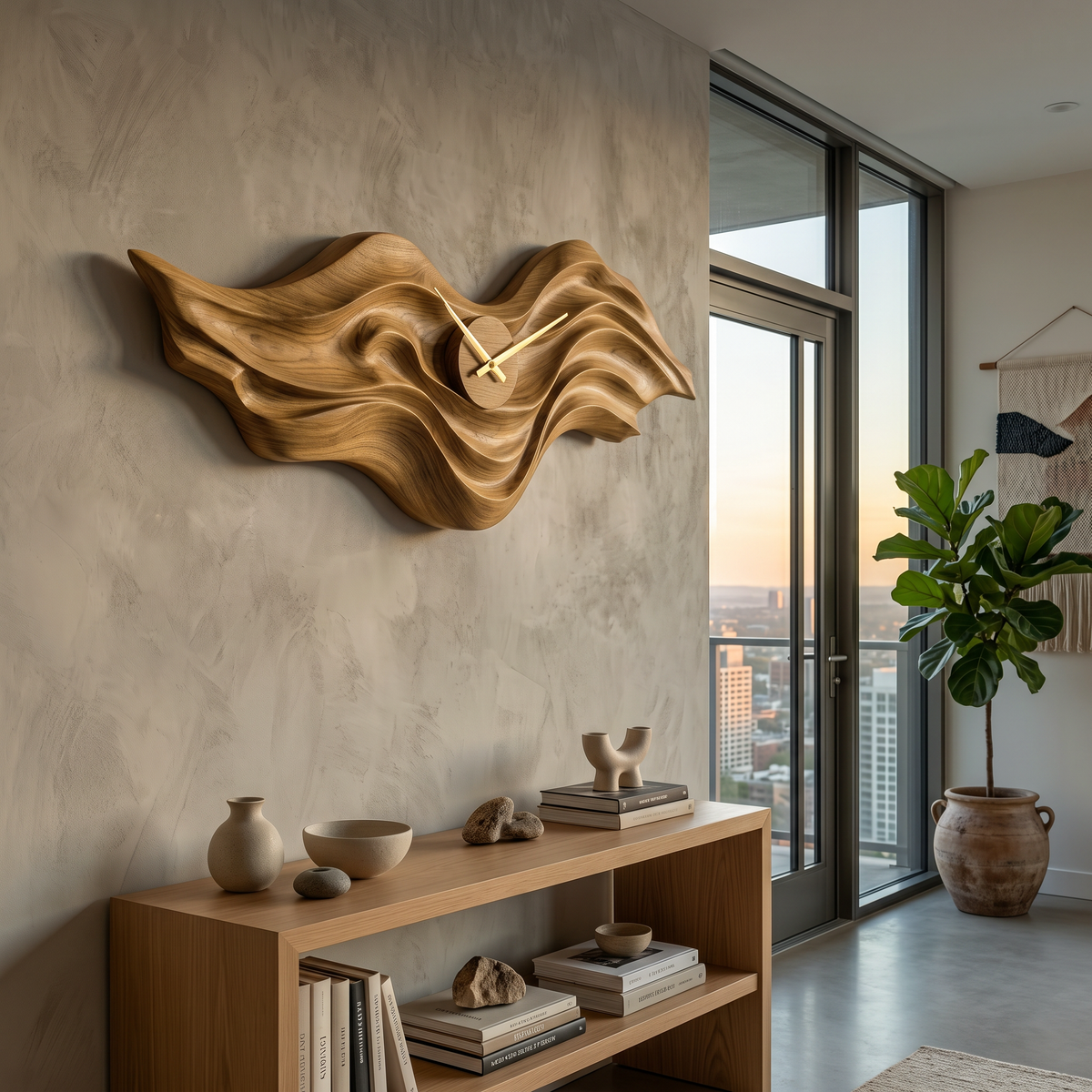 Horloge murale en bois bio avec sculpture en forme de vague pour intérieur de salon RTTHTTWAC018