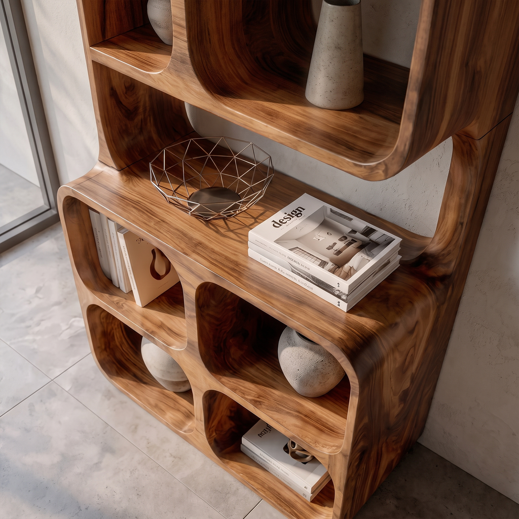 Bibliothèque inclinée artisanale au design en bois organique pour maison moderne SINLKIBS065