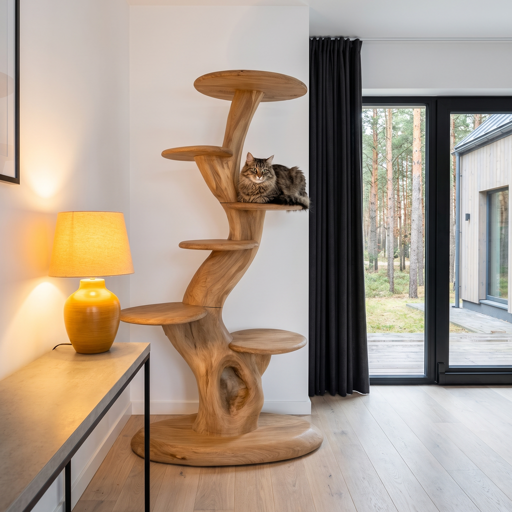Arbre à chat sculptural rustique avec plateformes à plusieurs niveaux pour salon SINLHATT015
