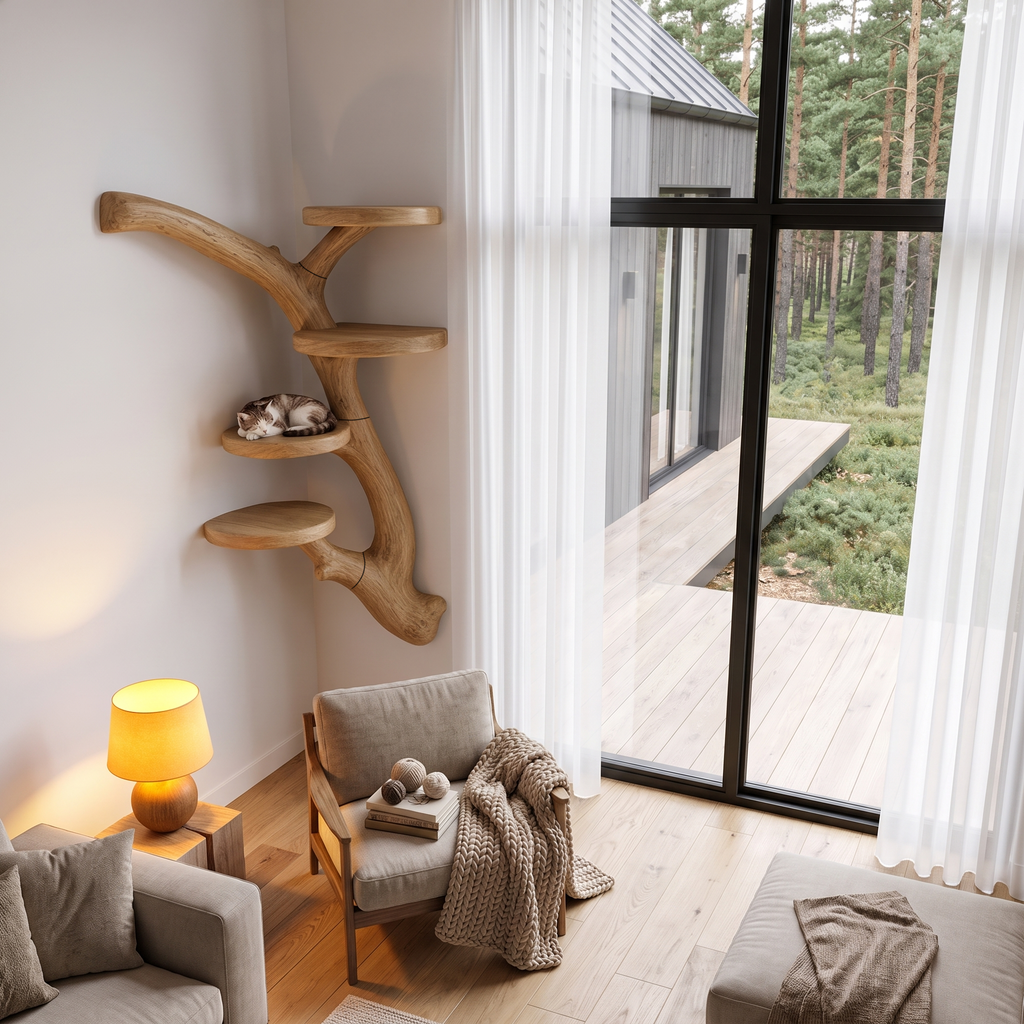 Arbre à chat mural moderne avec plateformes inspirées de branches pour chats d'intérieur SINLHATT019