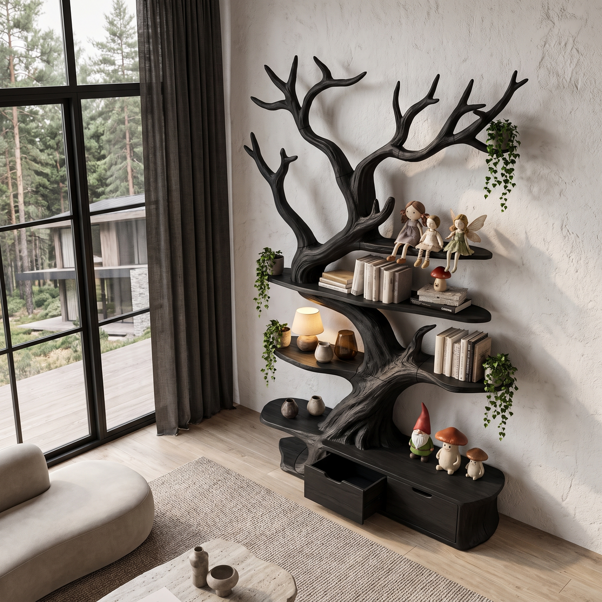 Bibliothèque arbre sculpturale, design en forme de branche d'arbre fait main pour bureau à domicile SINLHATB769