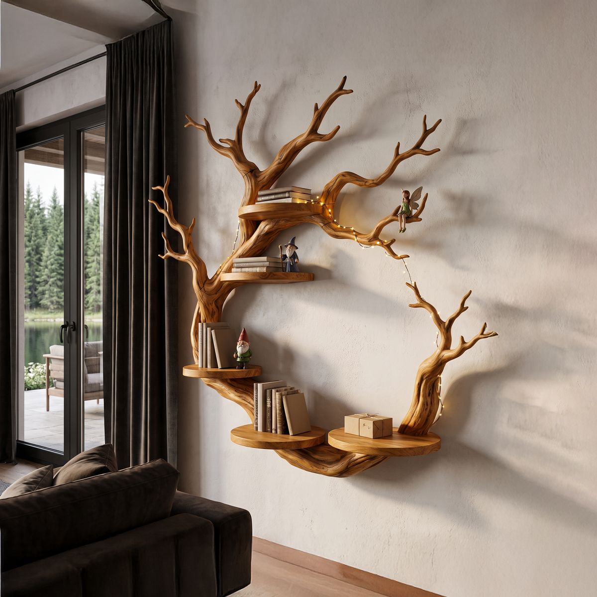Bibliothèque rustique avec design sculptural en forme de branches circulaires pour salon SINLHAFL066