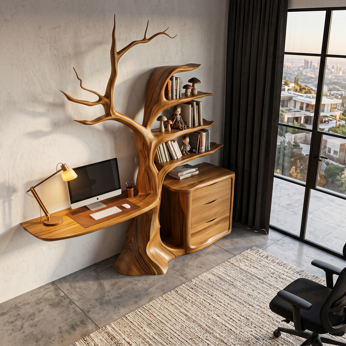 Bureau flottant naturel avec bibliothèque arbre sculpturale pour bureau à domicile SINLHADE172