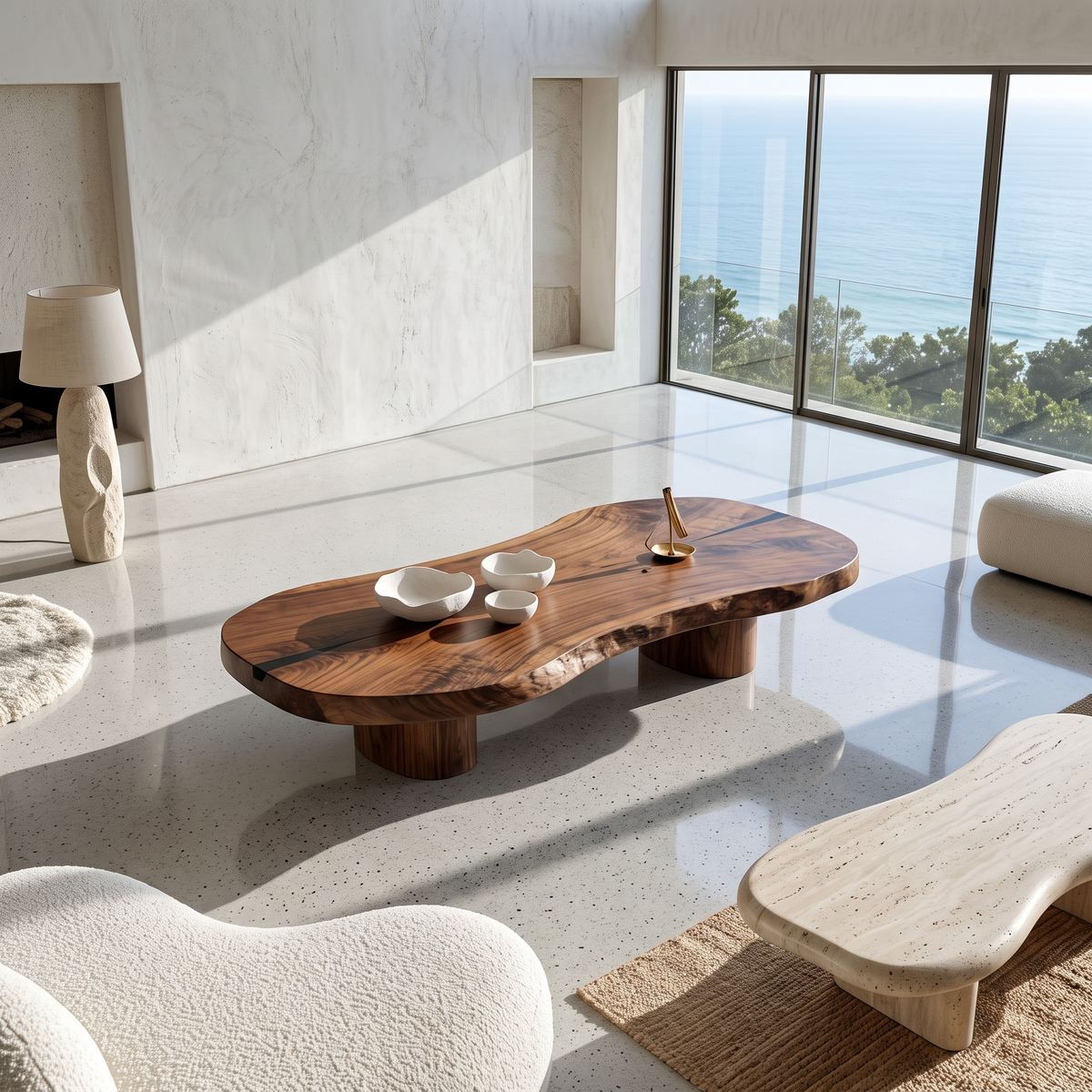 Table basse moderne en bois massif avec plateau sculptural pour salon SINLHACF421