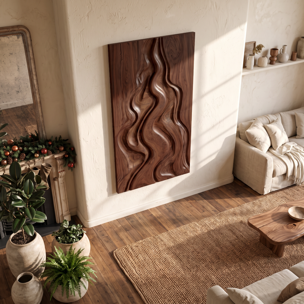 Décoration murale abstraite de Noël naturelle au design sculpté fluide pour chambre à coucher SINLSAWA149