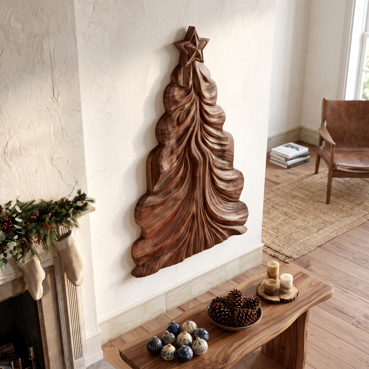 Décoration de Noël contemporaine en bois avec design ajouré incurvé pour salon SINLSAWA150