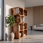 Bibliothèque inclinée artisanale au design en bois organique pour maison moderne SINLKIBS065