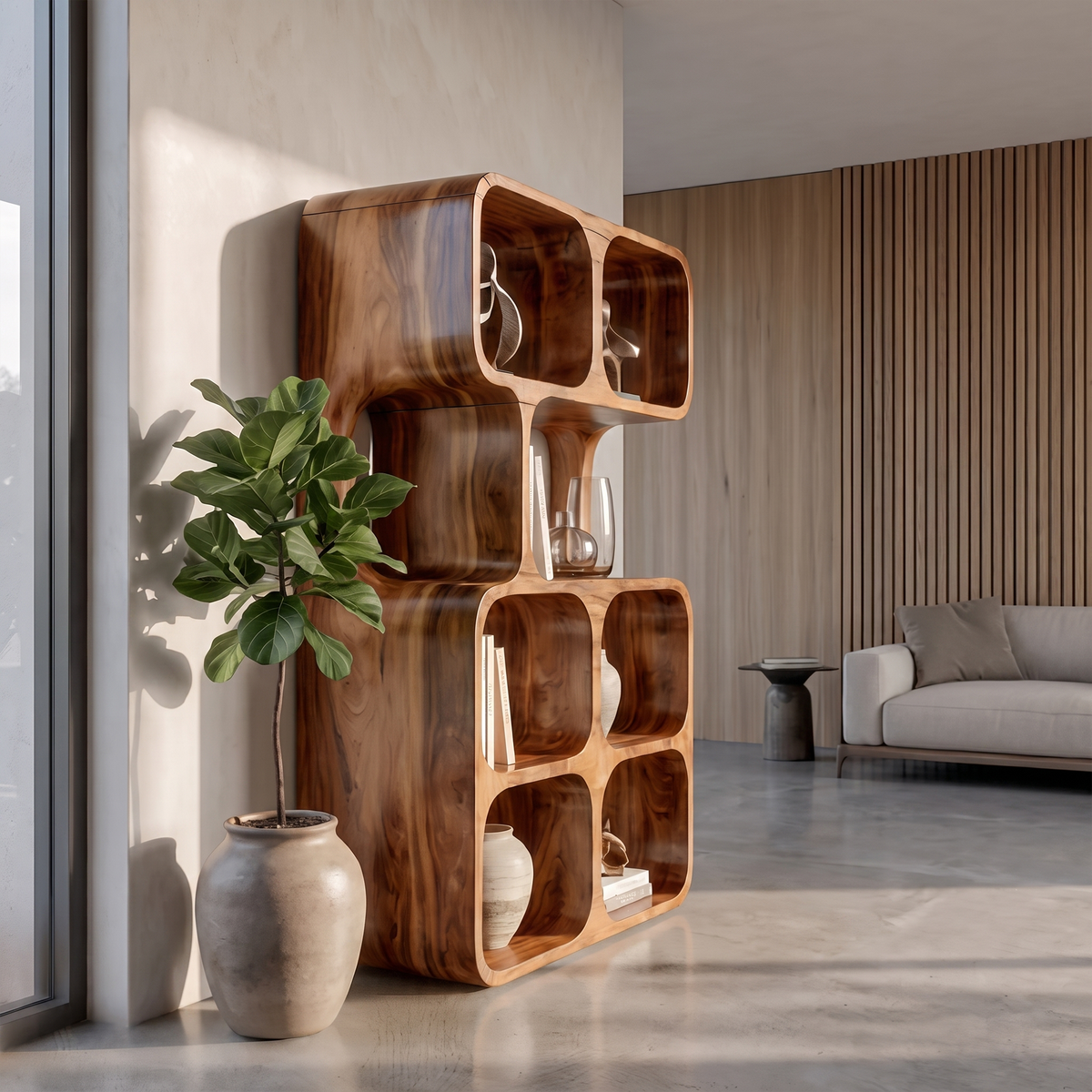 Bibliothèque inclinée artisanale au design en bois organique pour maison moderne SINLKIBS065