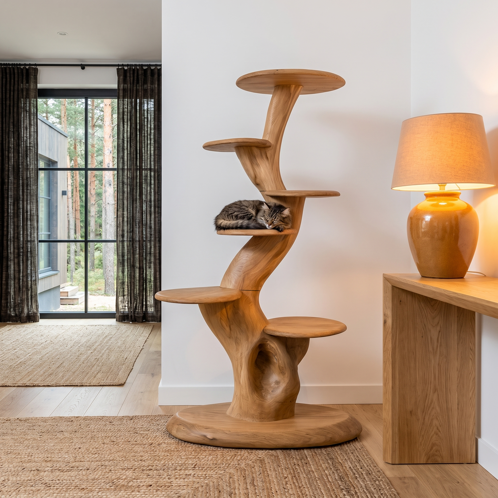 Arbre à chat sculptural rustique avec plateformes à plusieurs niveaux pour salon SINLHATT015