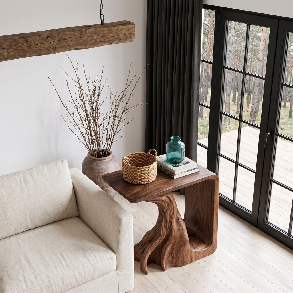 Table de chevet sculpturale rustique avec piétement inspiré de racines pour salon SINLHASTA300