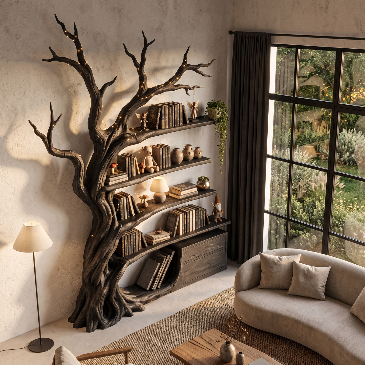 Bibliothèque moderne en forme d'arbre, étagères en branches fabriquées à la main pour bibliothèque maison SINLHATB768