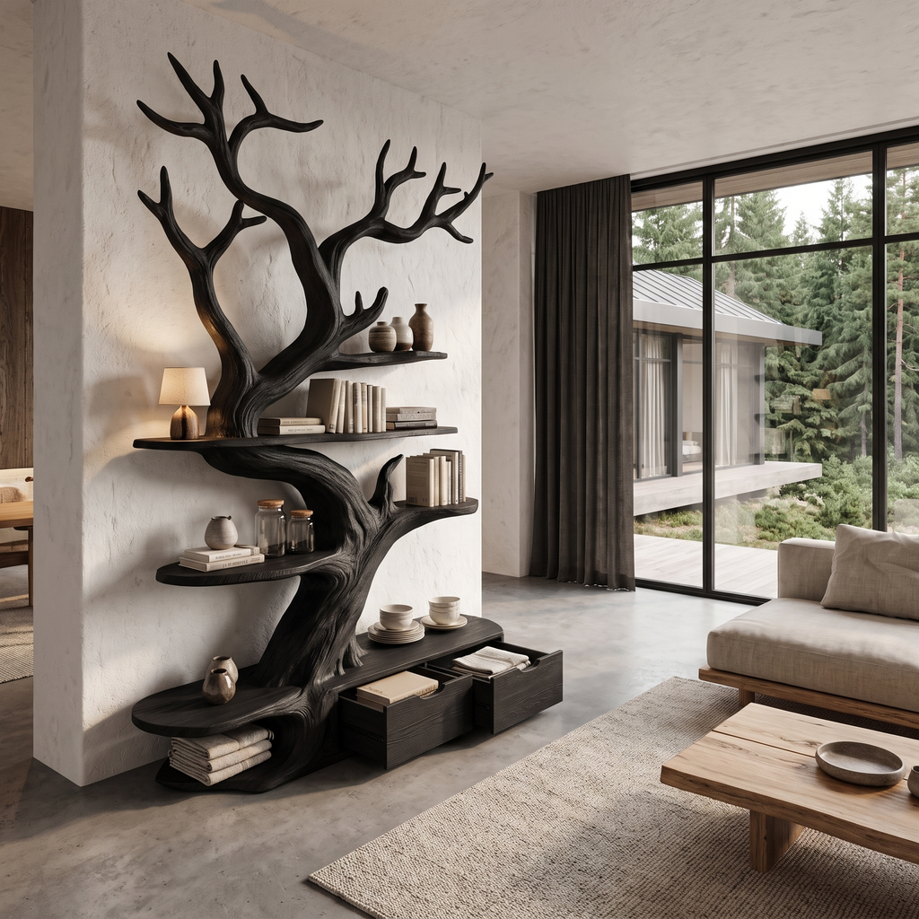 Bibliothèque arbre sculpturale, design en forme de branche d'arbre fait main pour bureau à domicile SINLHATB769