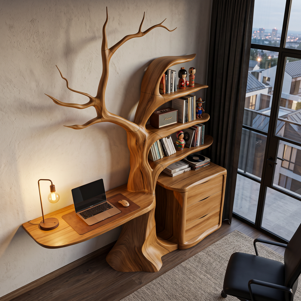 Bureau flottant naturel avec bibliothèque arbre sculpturale pour bureau à domicile SINLHADE172