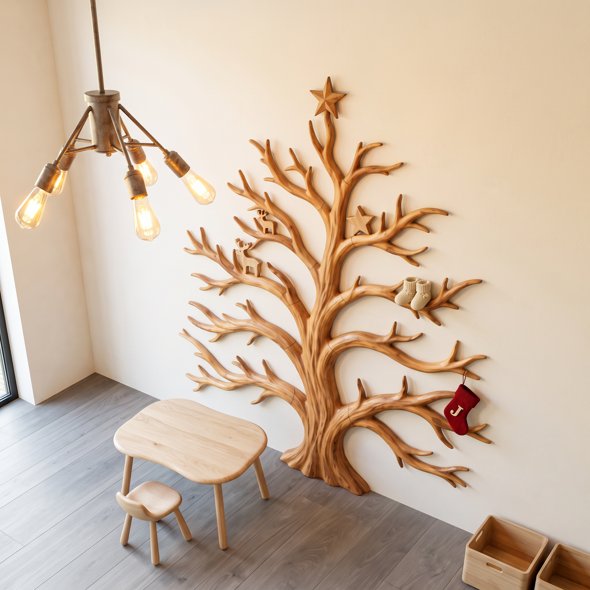 Sculpture murale rustique de Noël en bois avec motif d'arbre aux branches dénudées pour salon SINLSAWA139