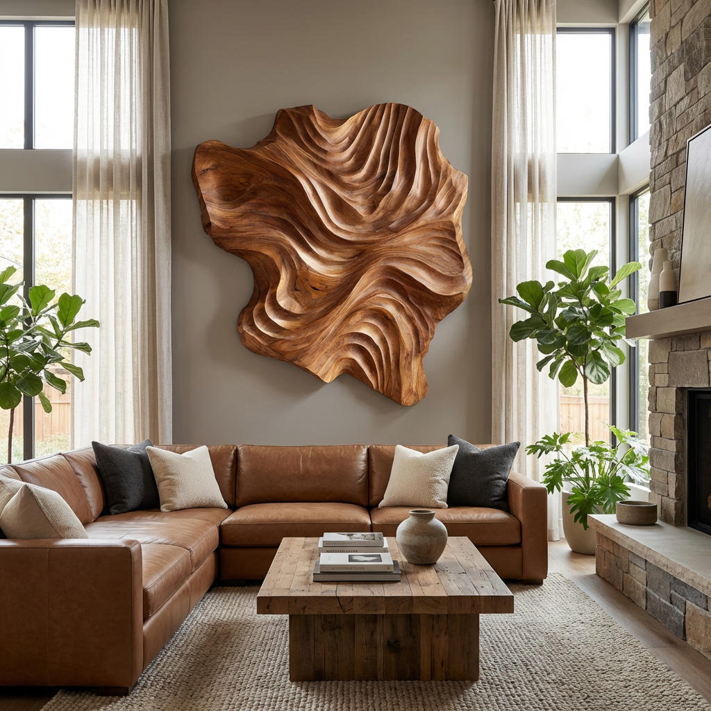 Art mural en bois organique au design de vague pour salon de luxe RTTHTTWA132