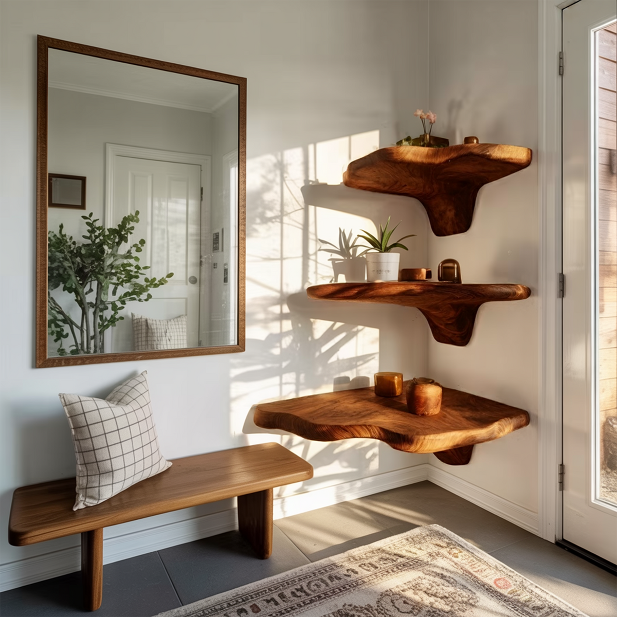 Étagère champignon artisanale en bois à bord brut pour décoration de mobilier moderne SILDTTNCMS016