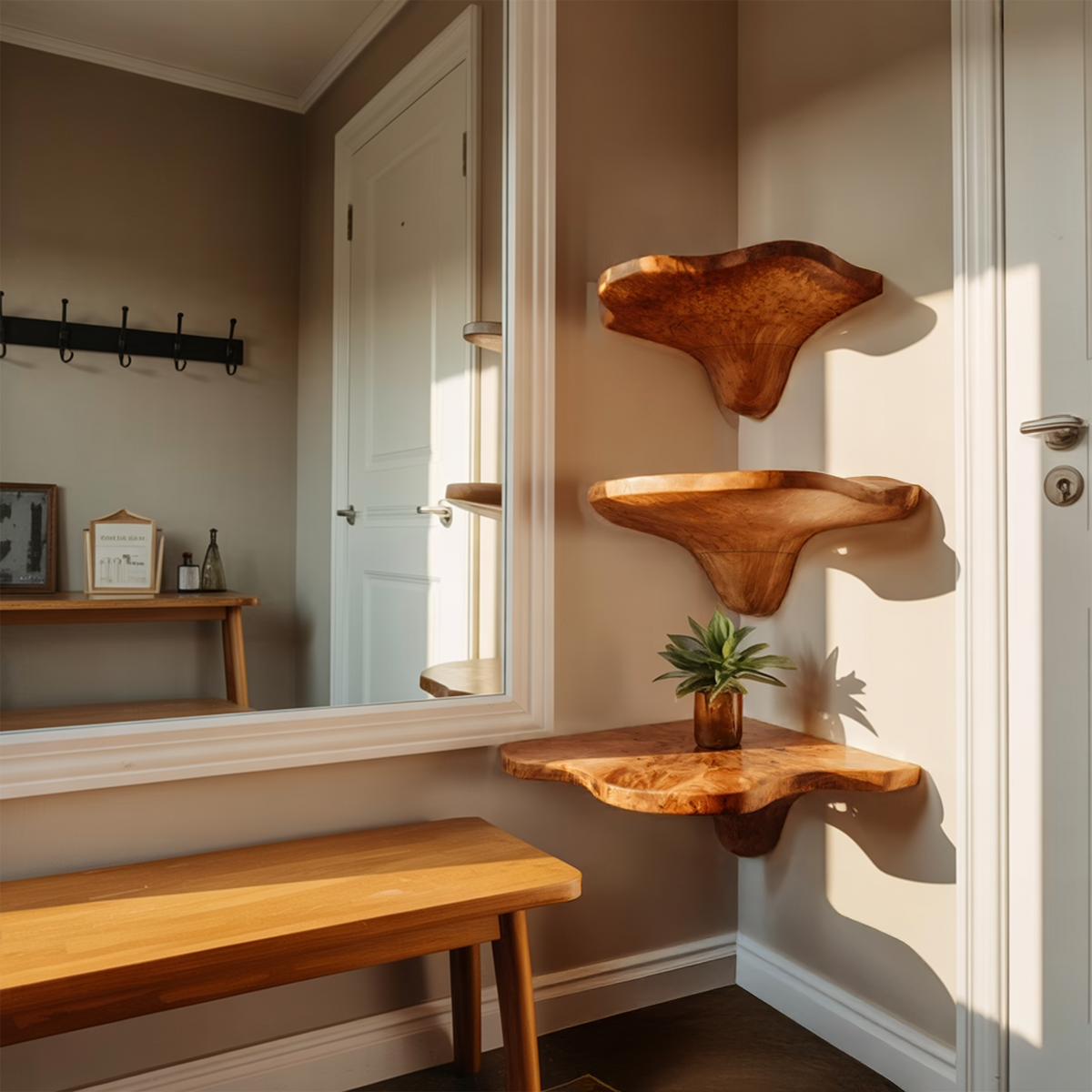 Étagère champignon en bois massif à bord brut, artisanale, style Mid-Century pour décoration intérieure SILDTTNCMS021