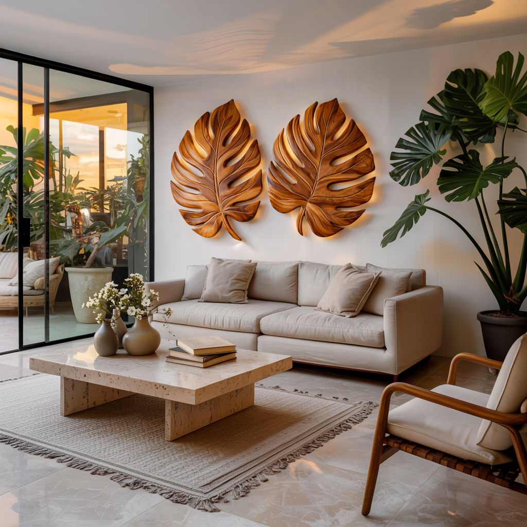 Décoration murale organique en bois et feuille de palmier pour intérieur scandinave RTTHTTWA100