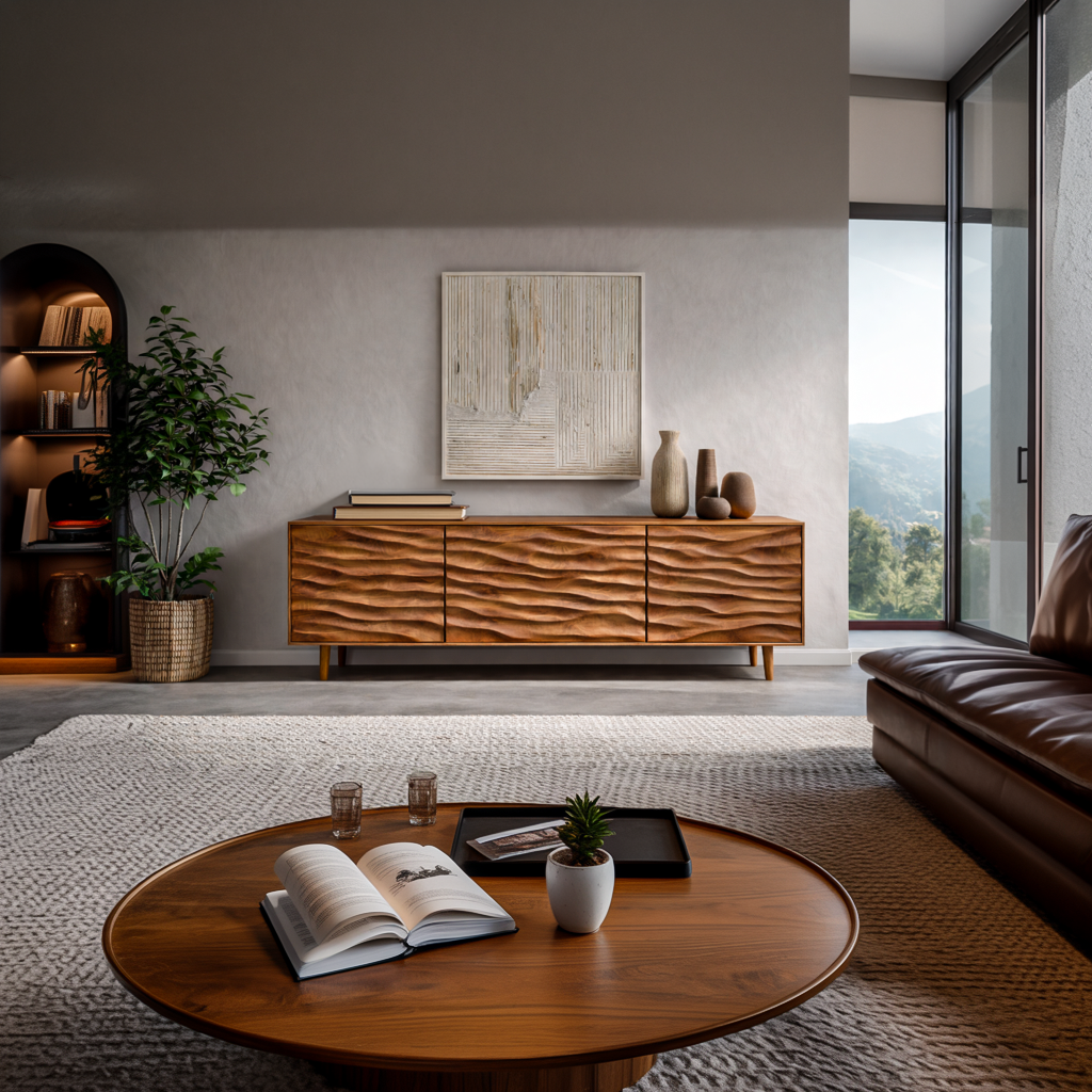 Buffet moderne en bois avec portes sculptées à motif de vagues pour séjour contemporain RTTHTTSD043
