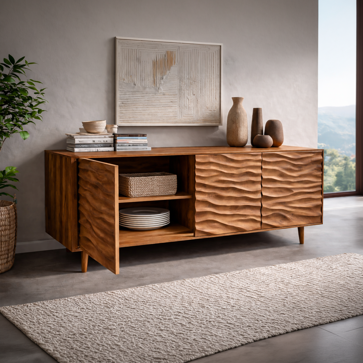 Buffet moderne en bois avec portes sculptées à motif de vagues pour séjour contemporain RTTHTTSD043