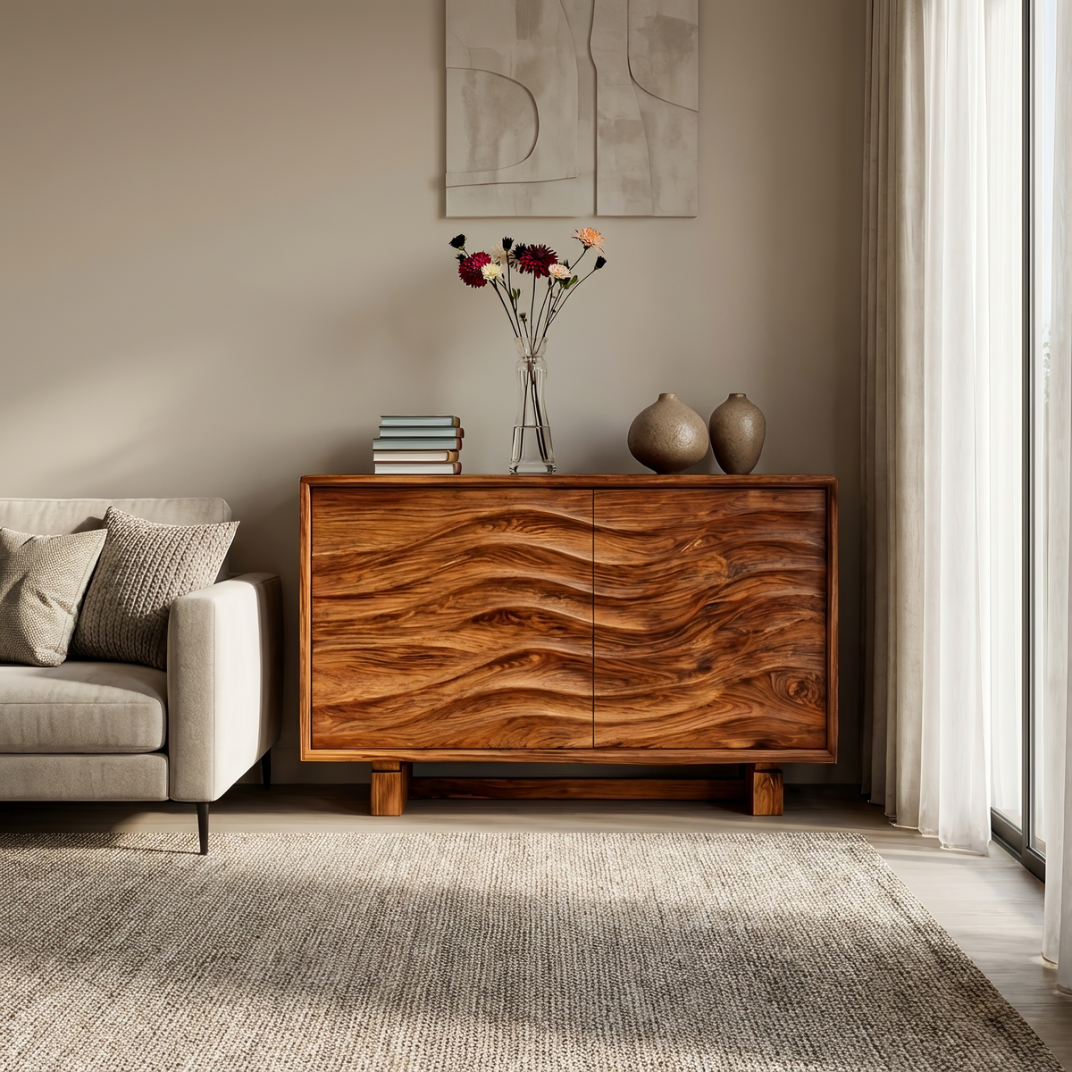 Buffet en bois avec sculpture 3D à motifs ondulés pour cuisine RTTHTTSD058
