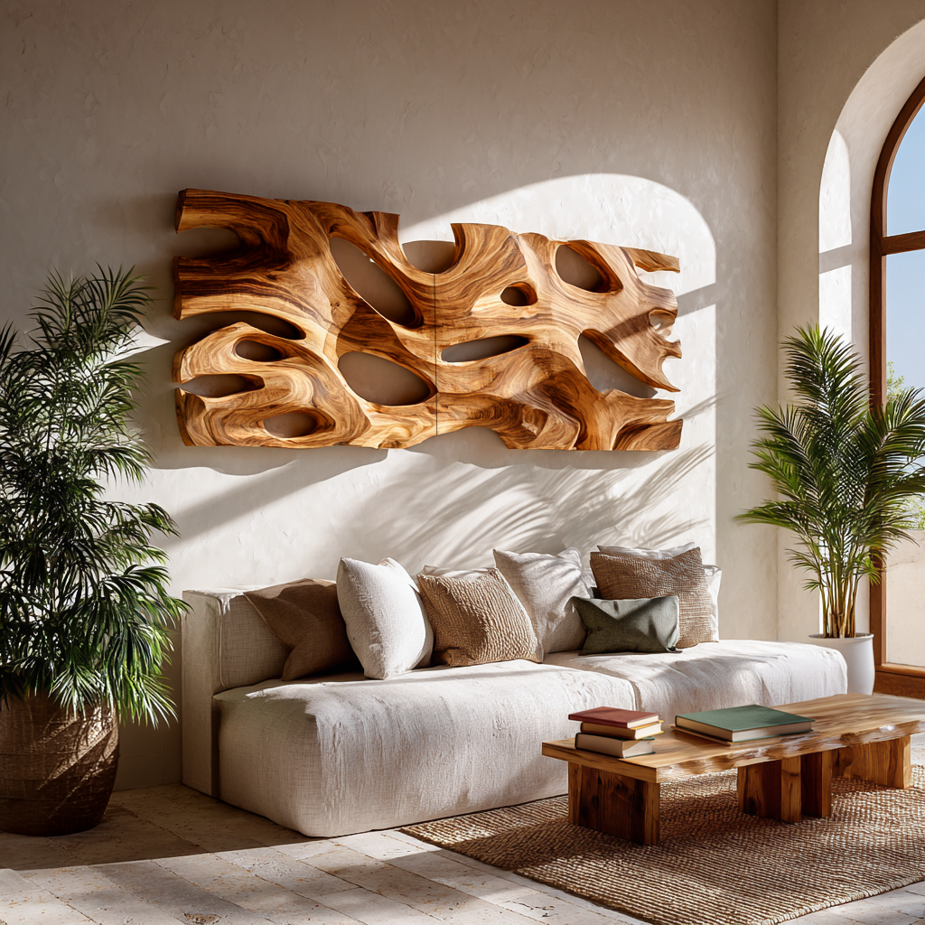 Art mural sculptural moderne en bois pour décoration de salon RTTHTTWA087