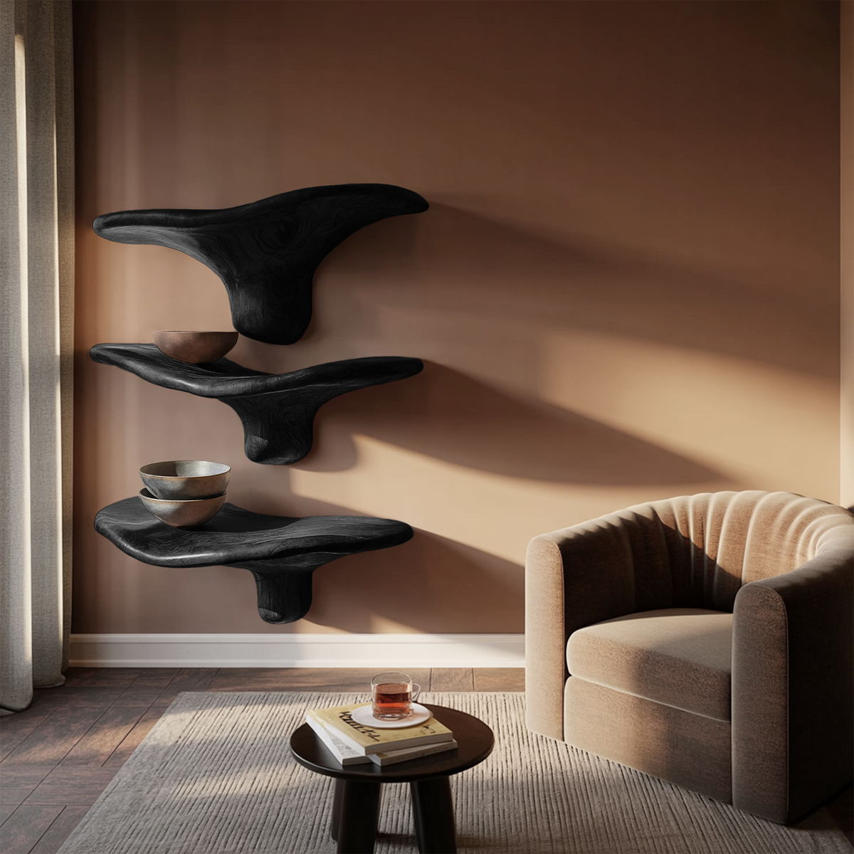 Étagère champignon moderne en bois à bord brut pour décoration intérieure minimaliste SILDTTRMR012