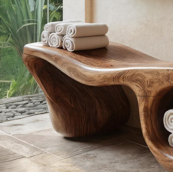 Banc de douche organique sculpté façon vague avec double rangement pour salle de bain RTTHTTSB019