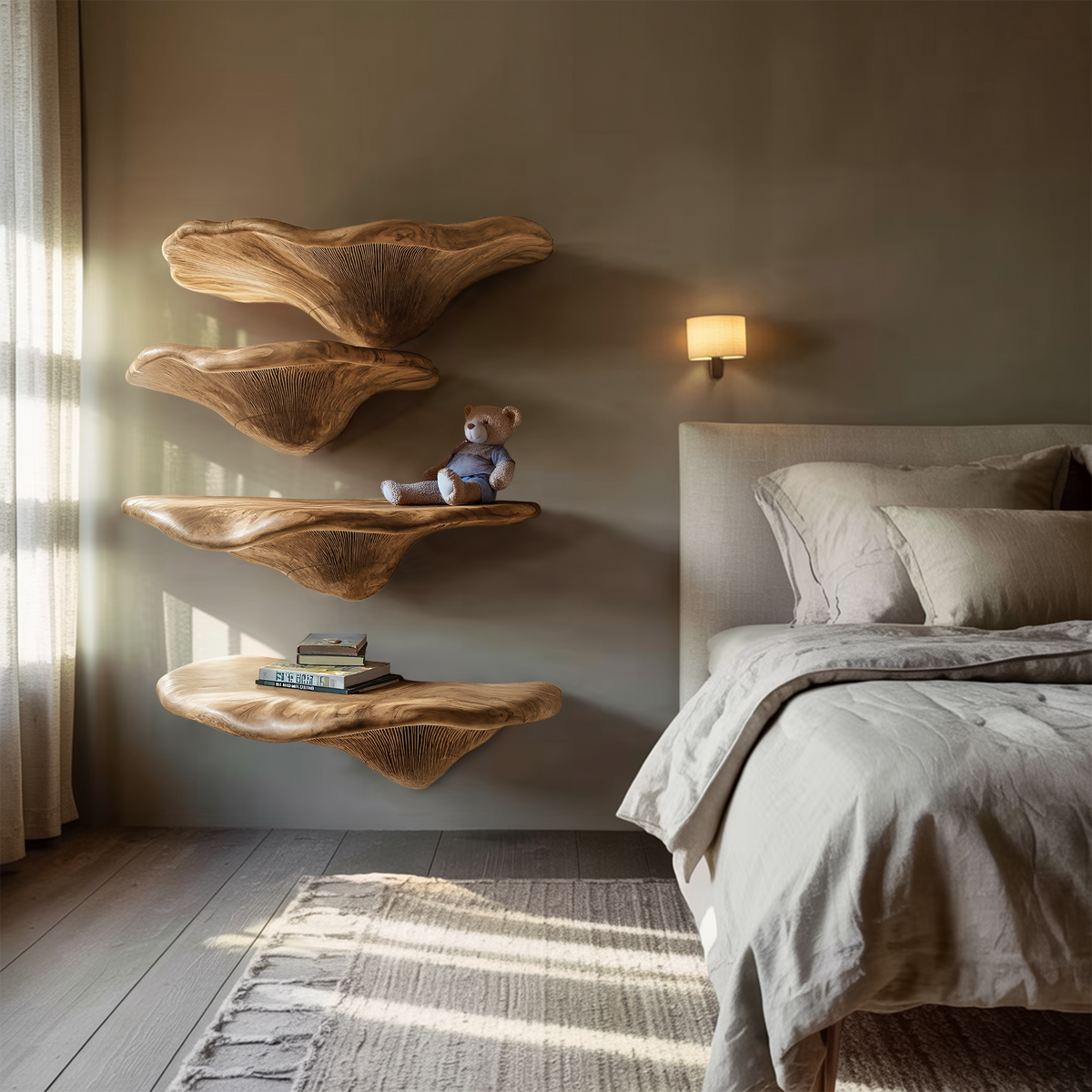 Étagère champignon en bois massif Mid-Century pour décoration murale de salon SILDTTRMR009