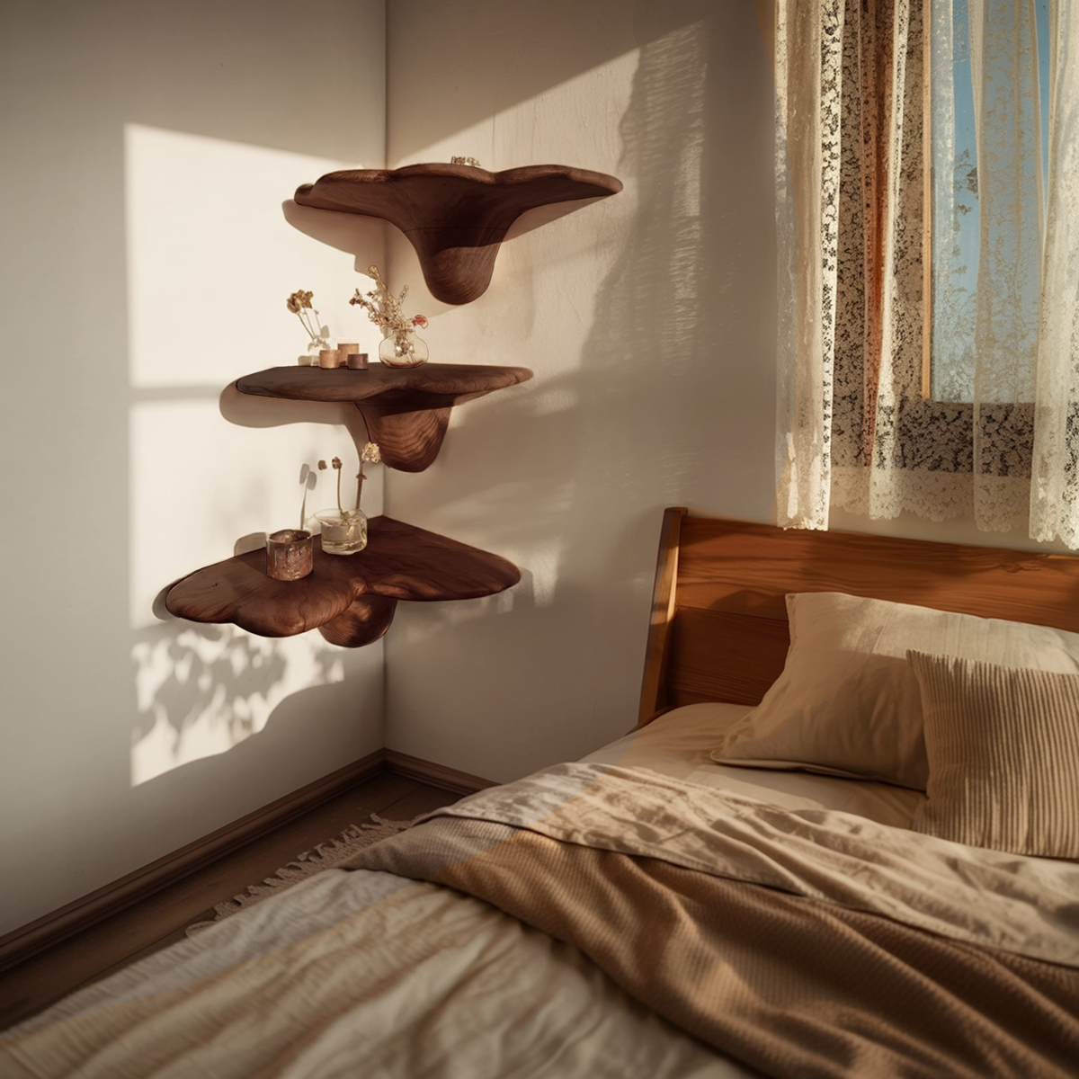 Étagère champignon artisanale en bois massif pour décoration intérieure de chambre SILDTTNCMS012