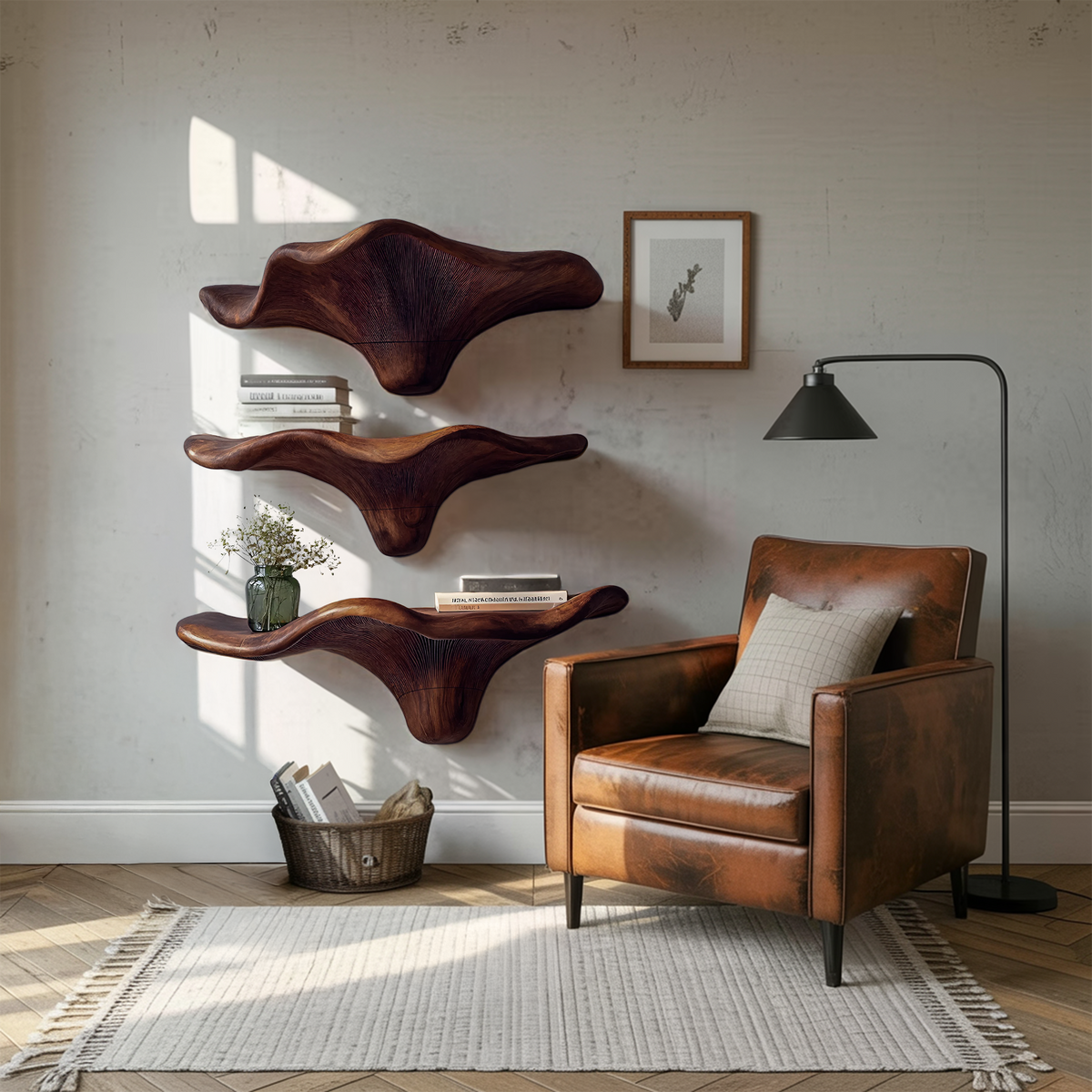 Étagère champignon en bois brut style Mid-Century pour décoration de salon SILDTTRMR005