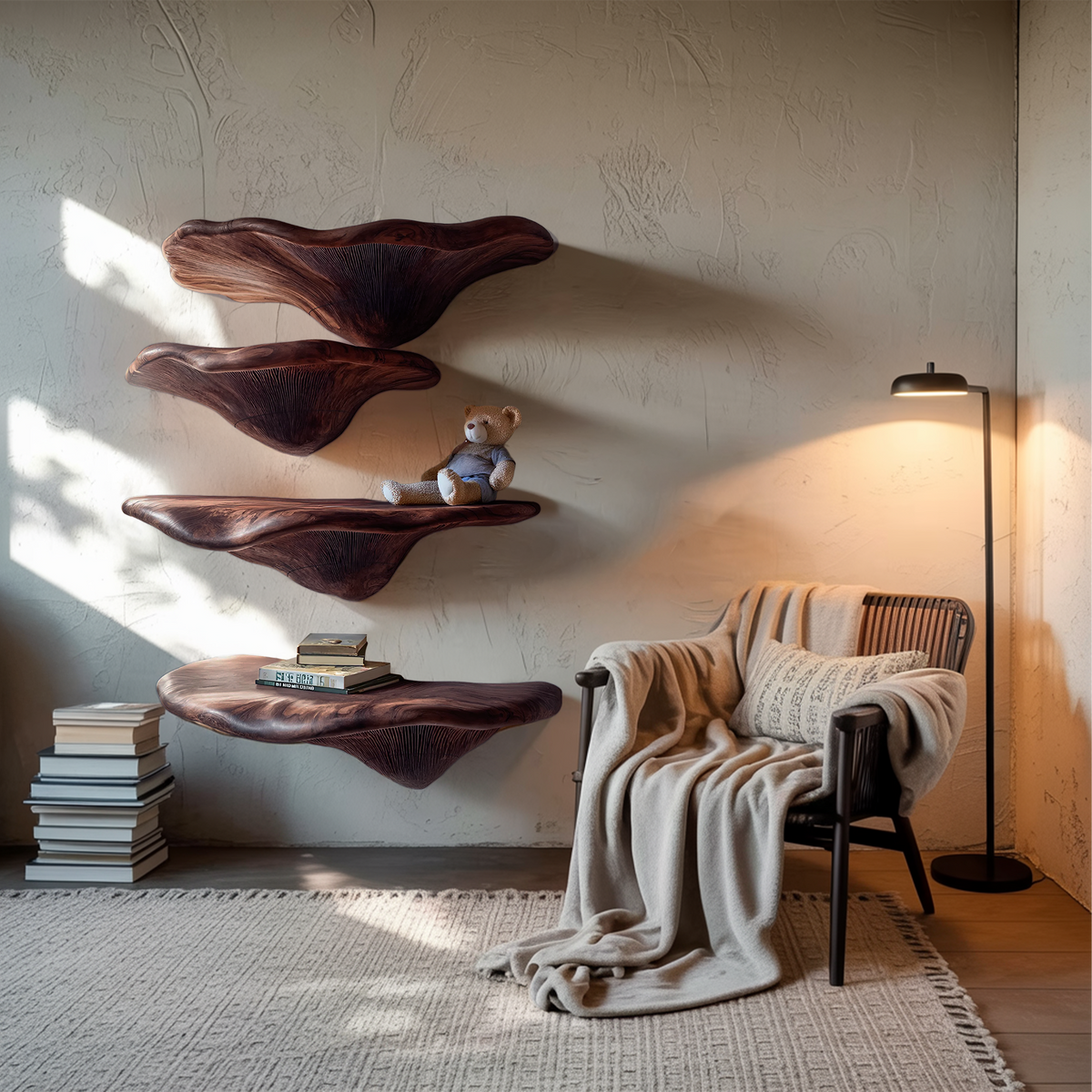 Étagère champignon en bois massif Mid-Century pour décoration murale de salon SILDTTRMR009