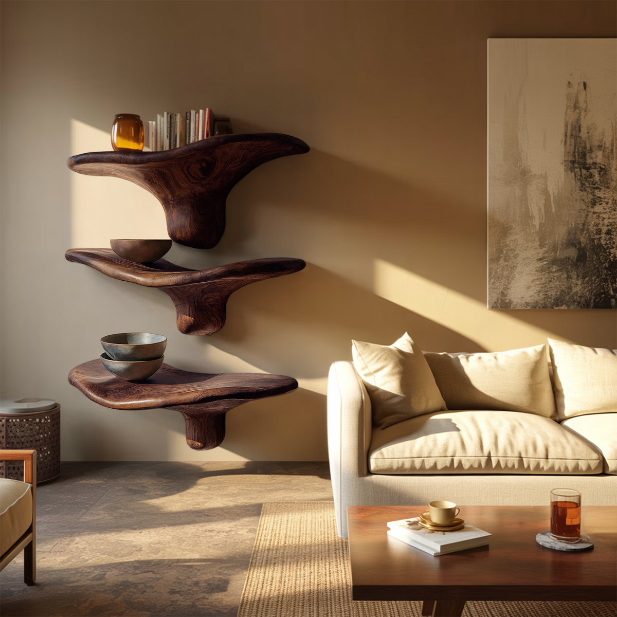 Étagère champignon moderne en bois à bord brut pour décoration intérieure minimaliste SILDTTRMR012